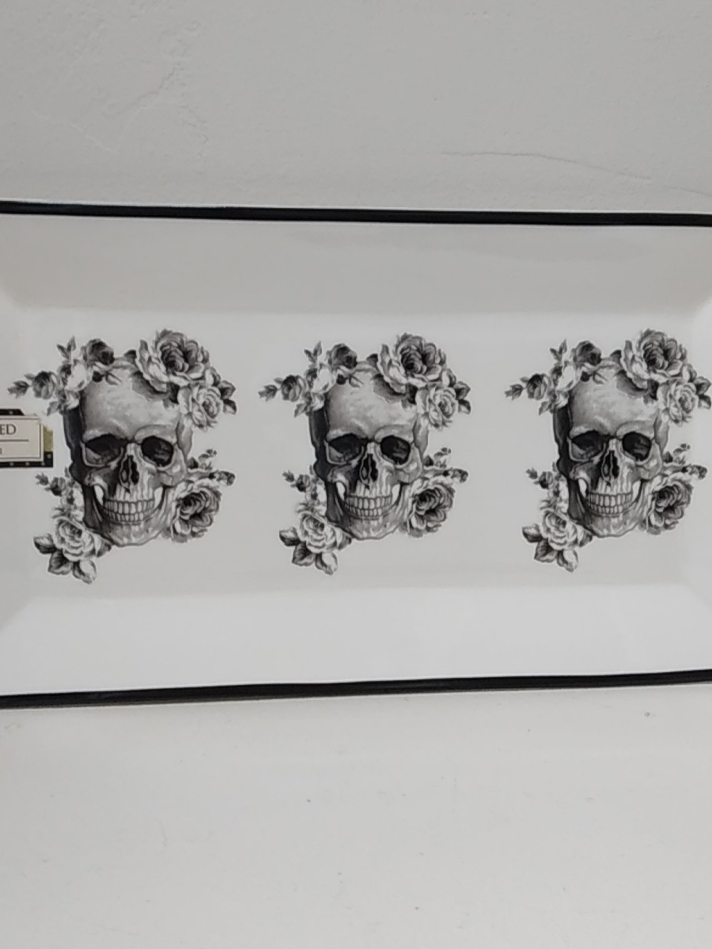 Ciroa Porcelain Black & White Skull, Floral Cookie Tray/Platter Halloween Spooky